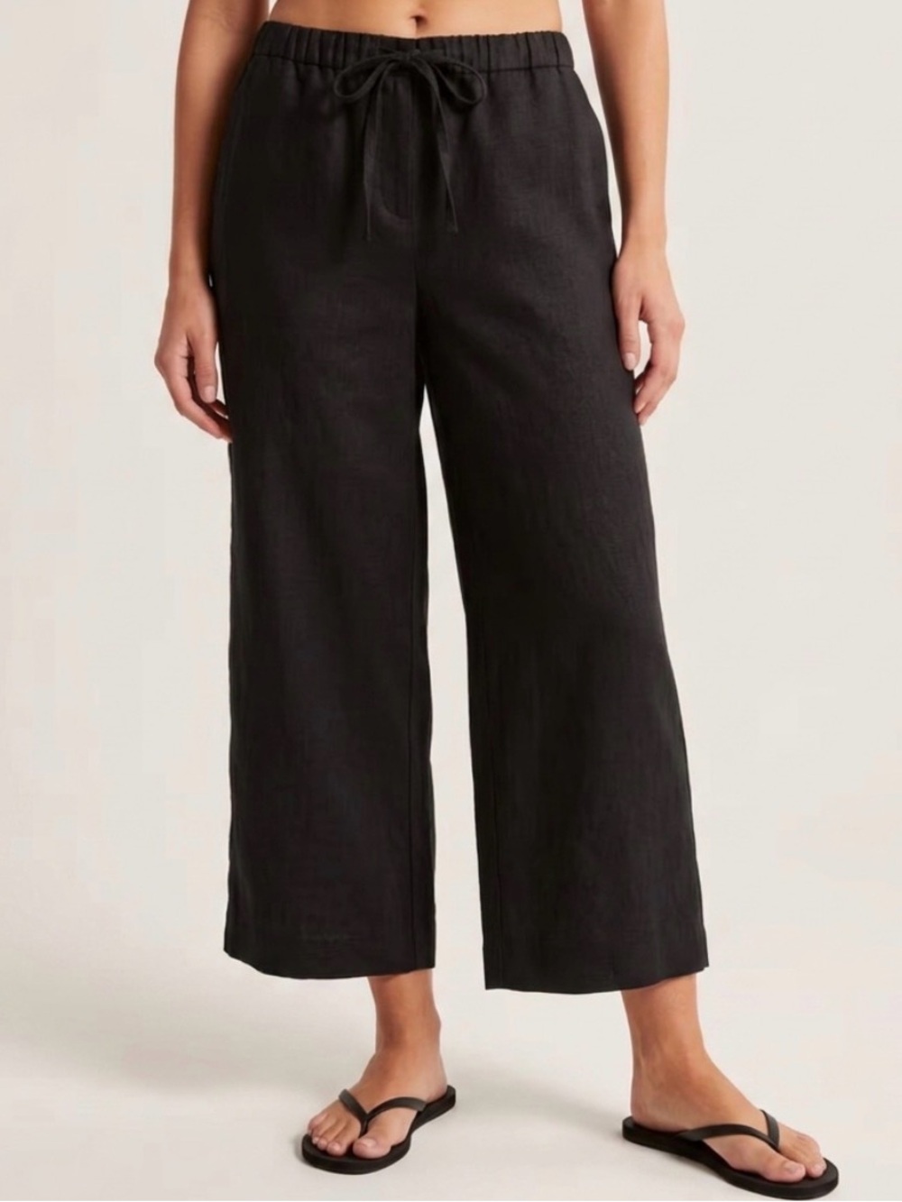 Kim Rogers Black Wide-Leg Drawstring Linen-Blend Pants